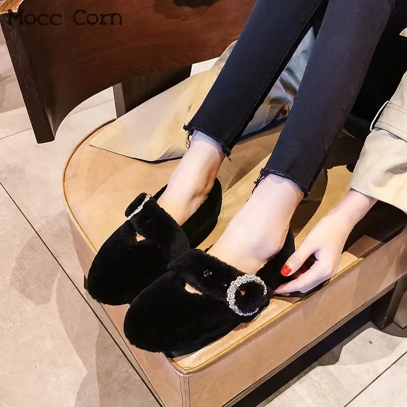 Балетки женские с кристаллами плюшевые плоская подошва меховые теплые без