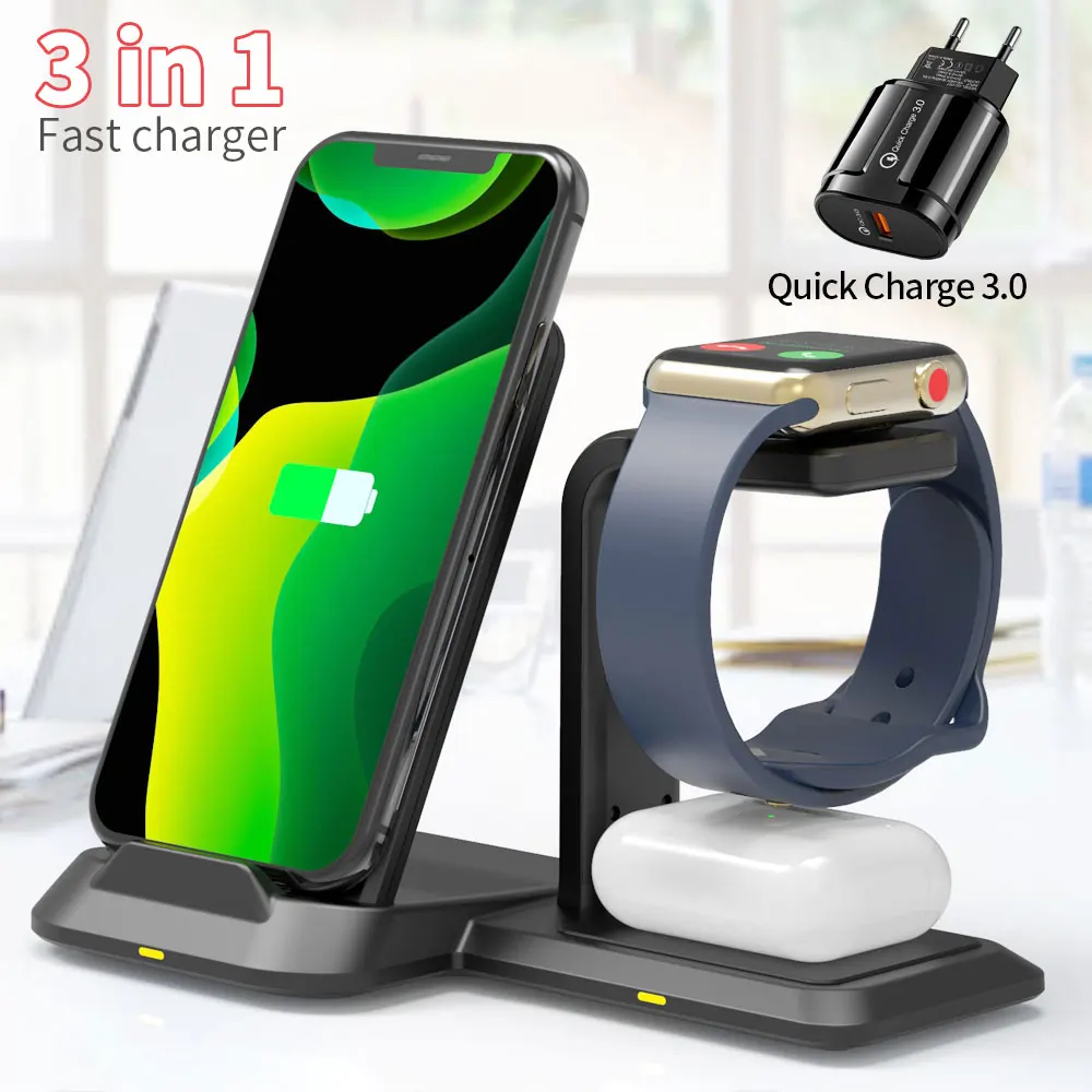 10w 3 in 1 wireless charger fast charging for iphone 11 pro xs for samsung galaxy watch active galaxy buds charger dock station free global shipping