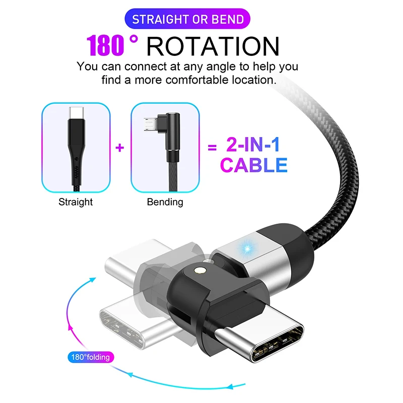 

New Updated Magnetic Cable Fast Charging Micro USB Type C Mobile Phone Cable for Samsung IPhone 360+180 Degree Roating