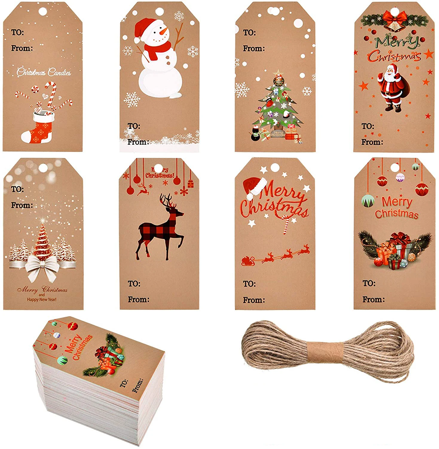 

100-300pcs Christmas Kraft Paper Present Tags Brown Xmas Hang Labels Snowman Snowflake Christmas Tree Pre-Punched for Holiday