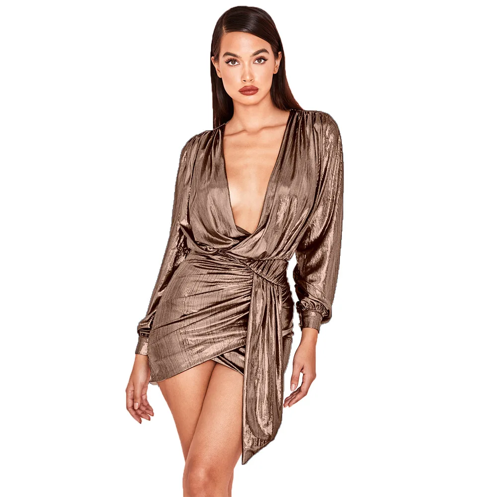 

Women's Sexy Dress Deep V Neck Long Sleeve Metallic Glitter Ruched Sparkly Bodycon Club Mini Dresses For Party
