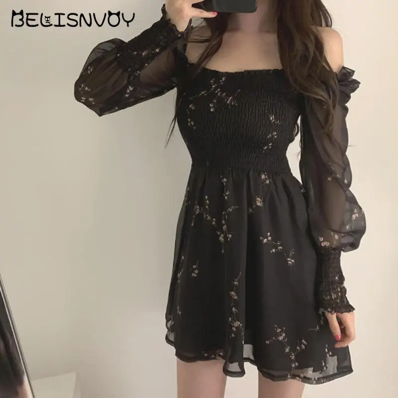 Женское винтажное шифоновое платье повседневное черное мини с цветочным принтом