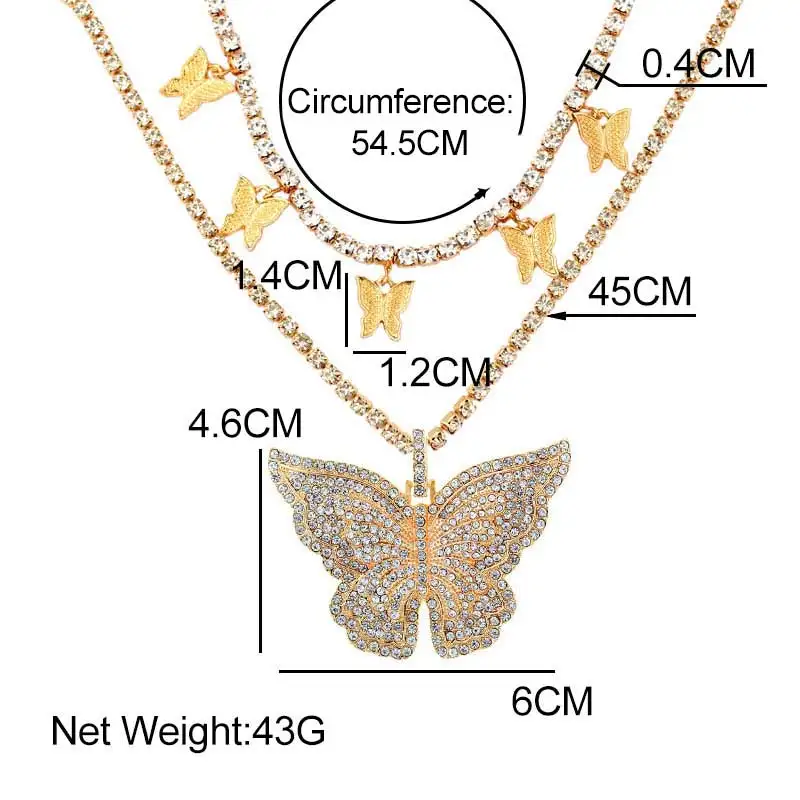 

New Fashion Shiny Crystal Chain Neckalce For Women Multilayer Large Butterfly Pendant Necklaces Neck Chains Hip Hop Jewelry Gift