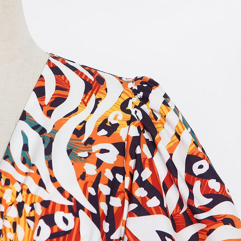

UKCNSEP Summer Dress 2021 Bohemian Print V Neck Puff Sleeve High Waist Hit Color Mini Dresses for Women New Clothing Fashion