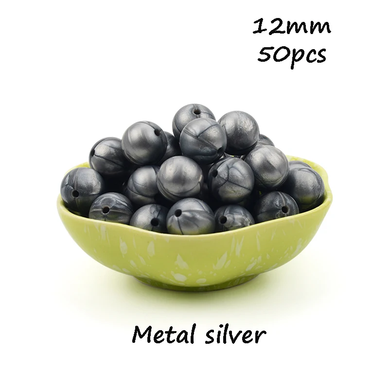 Metal silver LOFCA, 12 мм, 50 шт./лот, бусины из пищевого силикона, Прорезыватель для зубов, круглые бусины, Детская жевательная для прорезывания зубов, Силиконовые Прорезыватели для самостоятельного изготовления - Цвет: Metal silver