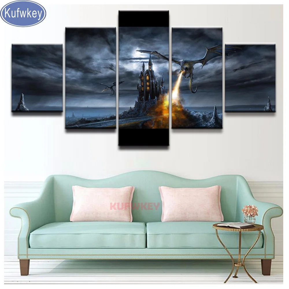 

Battle Castle Dragon Fire diamond painting full square 5 panel diamond embroidery sale Cross Stitch diamant mosaic resin round