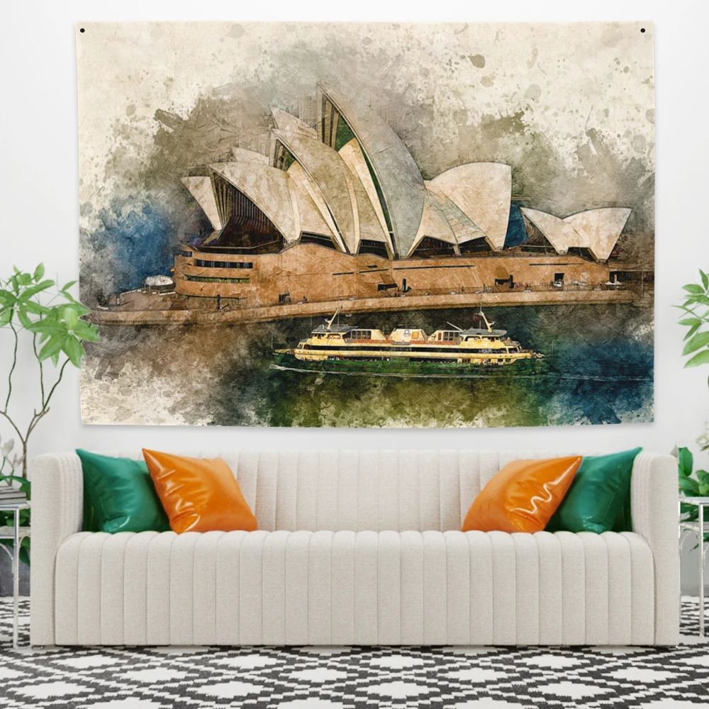 Коврик с изображением Сиднейской оперы в стиле акварели "Cassisy Tapestry" для оформления стены.