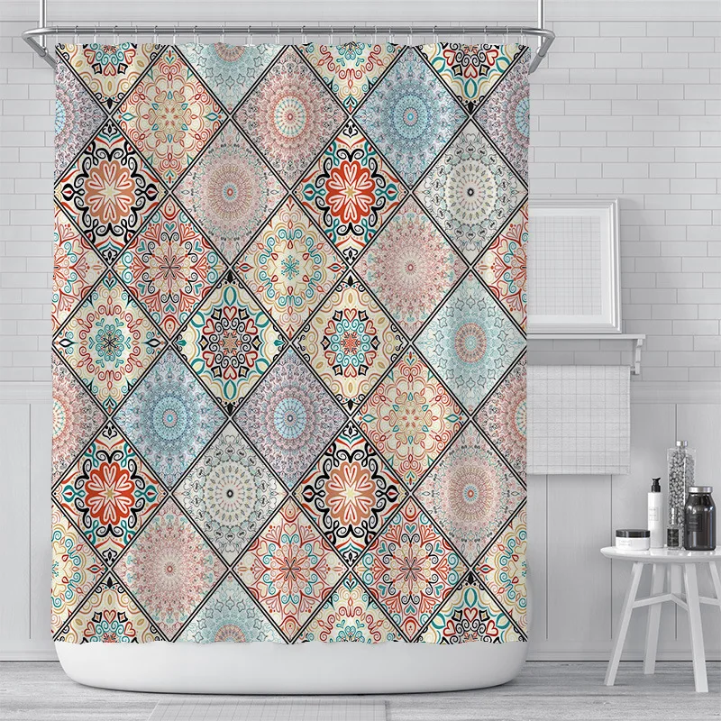 

Nordic grid diamond mosaic bathroom curtain Bohemian customizable digital printing polyester waterproof shower curtain