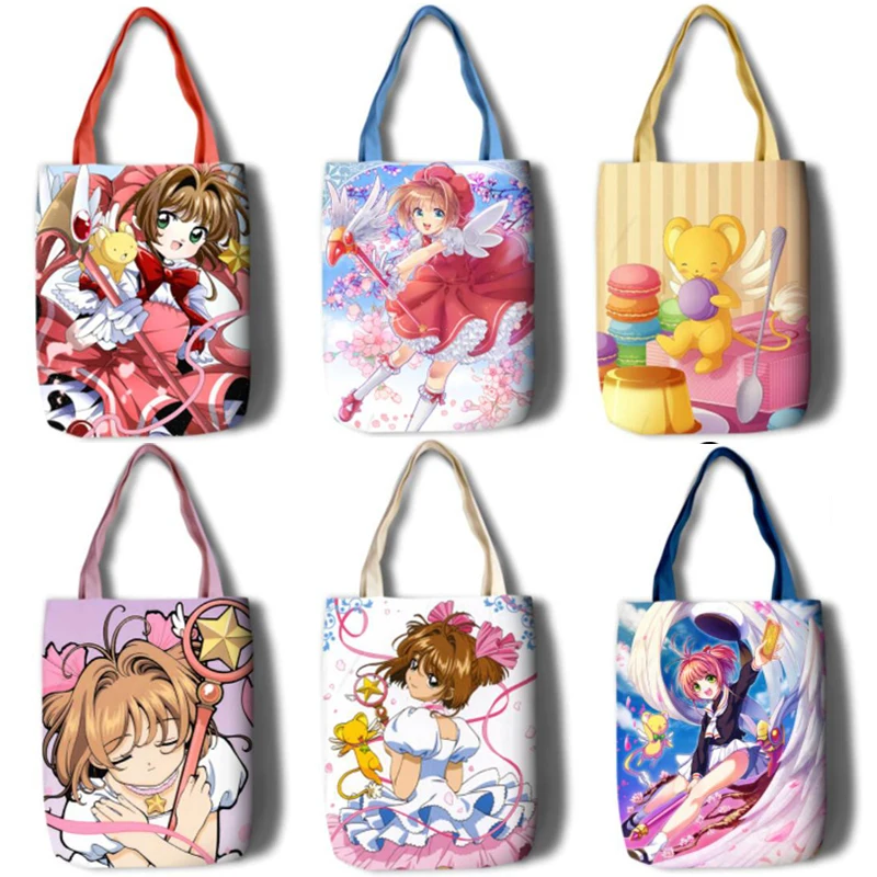 

New Japan Anime Card Captor Sakura Cartoon Girls Women Canvas Shoulder Bags Large Handbag Cute Cartoon Shopping Bag