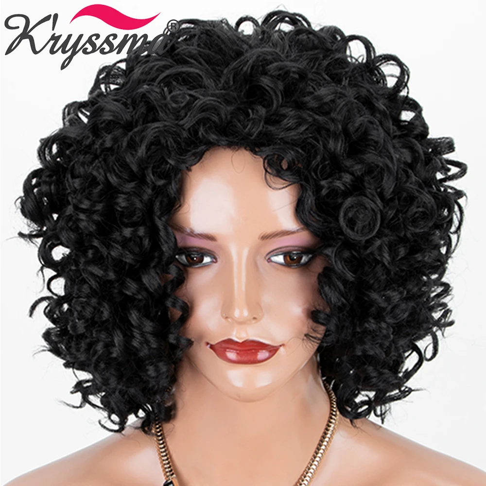 Kryssma Short Kinky Curly Lace Front Wig Synthetic Wigs For  Ombre Brown Black Wig Women Heat Resistant Fiber African American