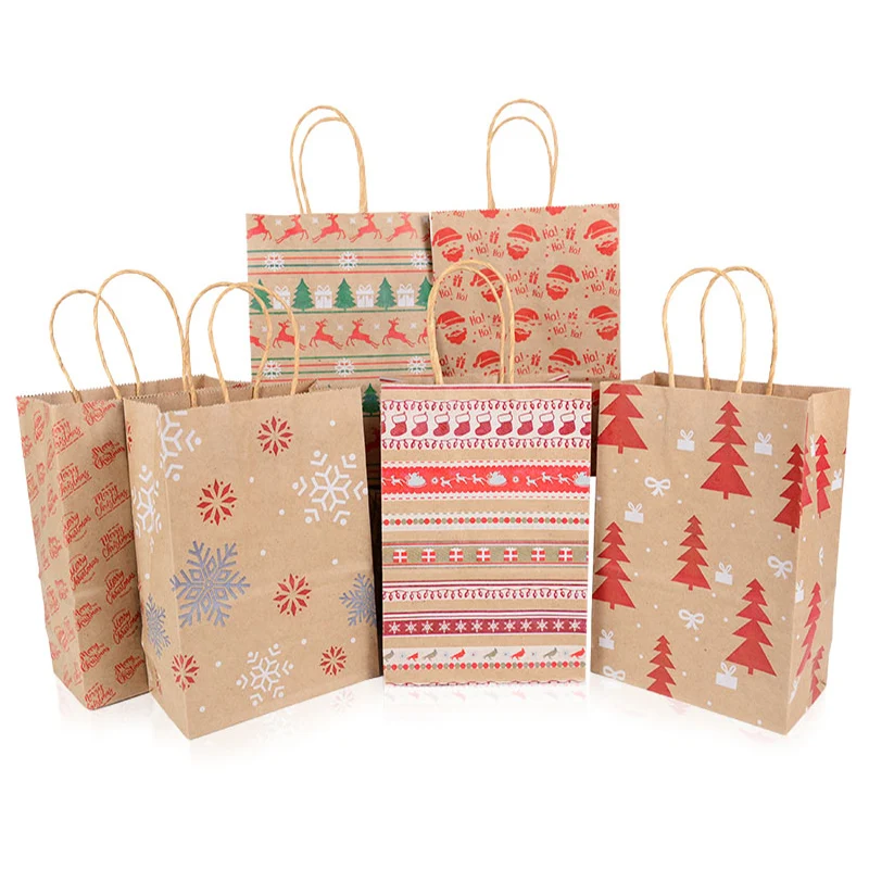 Bolsas de regalo de Papel Kraft para copos de nieve, Feliz Navidad, dulces, galletas, bolsas de embalaje, recuerdos de fiesta de año nuevo 2022, 5 uds.