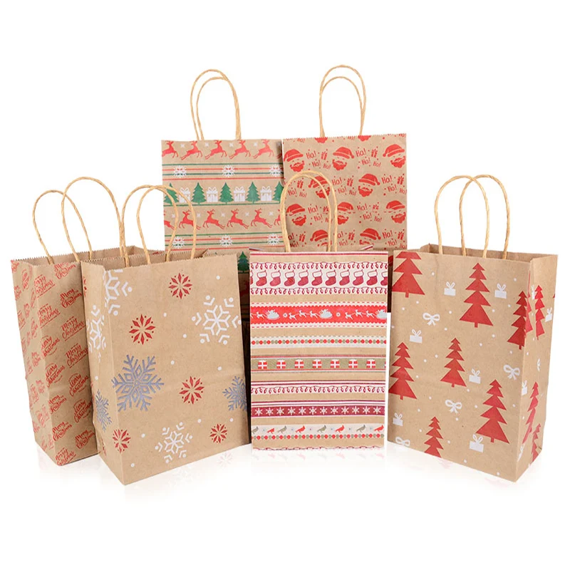 

5pcs Kraft Paper Gift Bags Snowflakes Merry Christmas Candy Cookie Packaging Bag Boxes 2022 New Year Party Natal Kids Favors