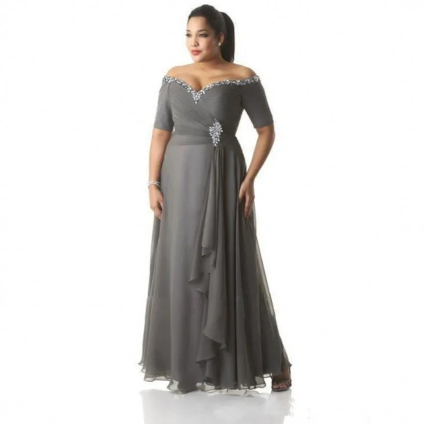 

Gray 2021 Mother Of The Bride Dresses A-line Half Sleeves Chiffon Beaded Plus Size Formal Groom Long Mother Dresses For Wedding