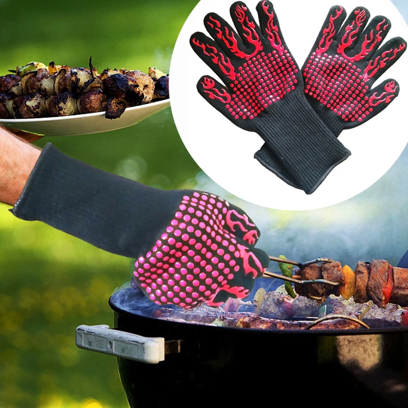 

BBQ Heat Resistant Oven Gloves 800 Degrees Fireproof Gloves Silicone Oven Mitts Barbecue Heat Lnsulation Microwave Oven Gloves