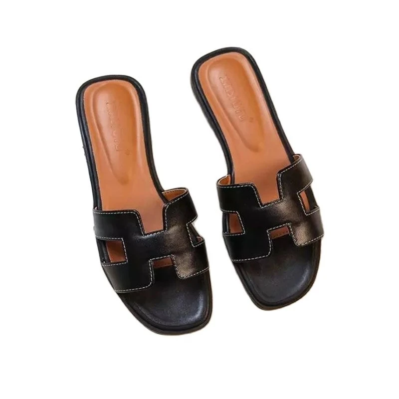 

New Women's Luxury Designer Slippers Fashion Square Toe Slippers Leather Ladies Slippers Holiday Flat Sandals XL