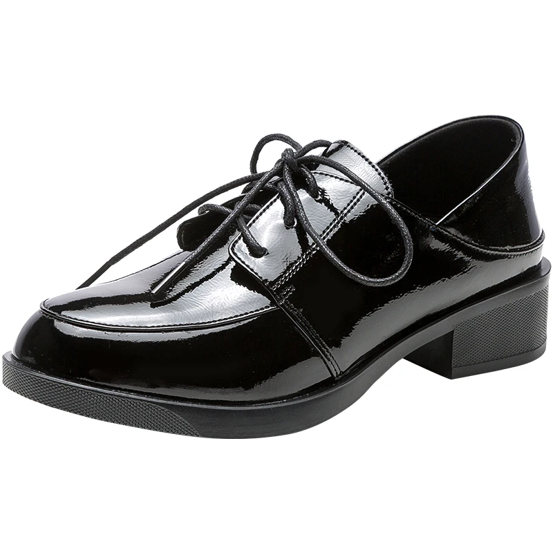 

Round toe British style women's soft leather new thick heel soft sole comfortable leather single shoes patent leather loafers