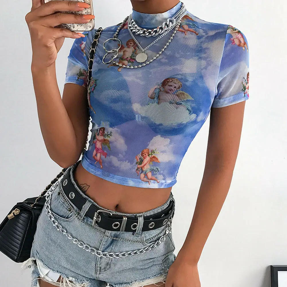 Женский прозрачный кроп-топ с короткими рукавами сетчатый топ рыбками летняя