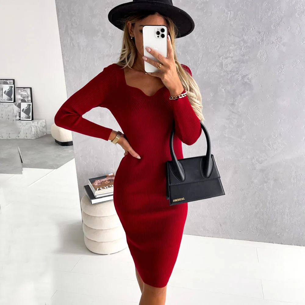 

Winter Wholesale Dress V-Neck Women Bodycon Knit Long Sleeve Slim Solid Polyester Pencil for Women Full Draped Mid-calf Female
