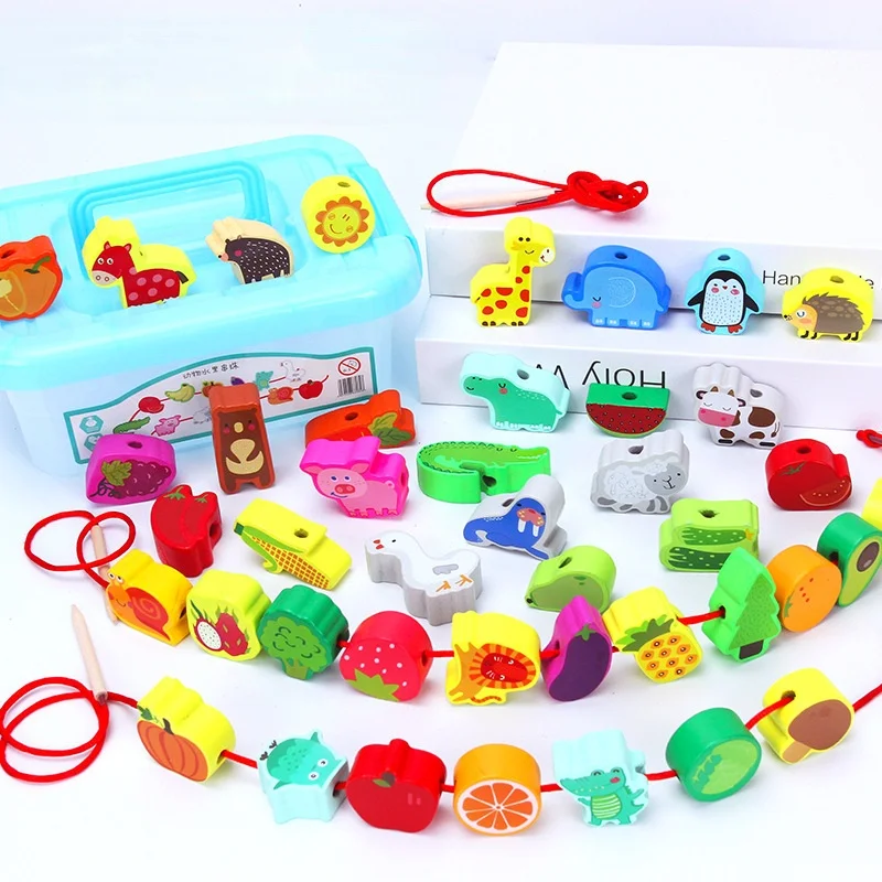 

Baby Wooden Beads Toys Cartoon Fruit Animal Stringing DIY Threading Beads Monterssori Educational Toys For Children Gift For Kid
