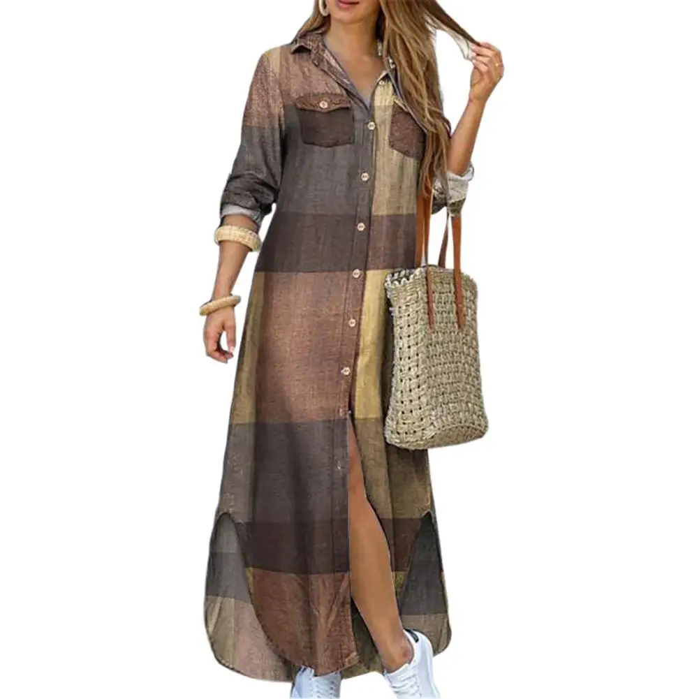 Женское платье Модная одежда с длинными рукавами принтом карманами и пуговицами