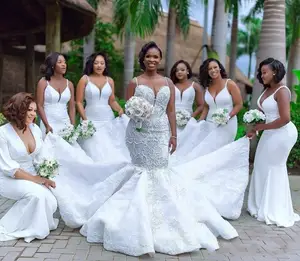 Plus Size African Mermaid Wedding Dresses Spaghetti Lace Appliqued Pearls Beads Country Wedding Dress Custom Made Beach Bridal