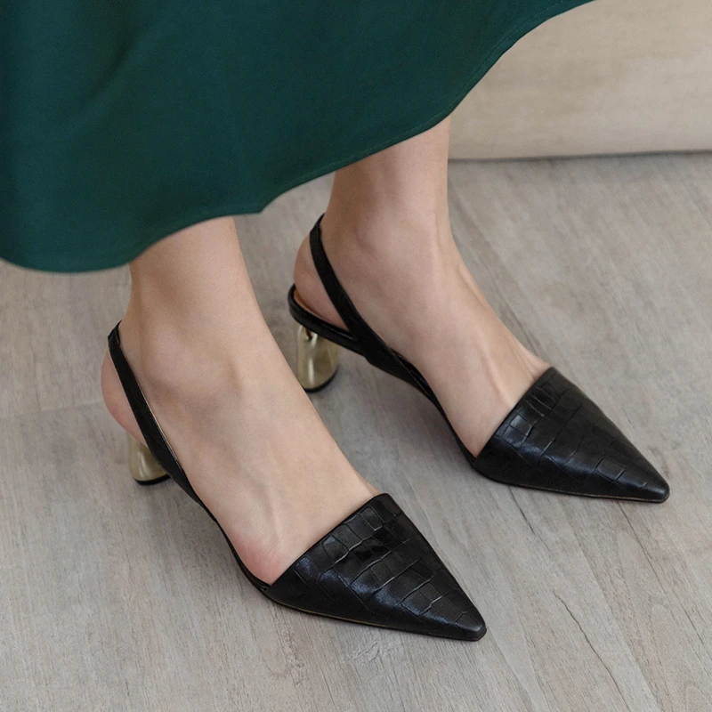 

CONASCO Summer Fashion Concise Casual Genuine Leather Women Sandals Pumps Pointed Toe High Heels Back Strap Shallow Shoes Woman