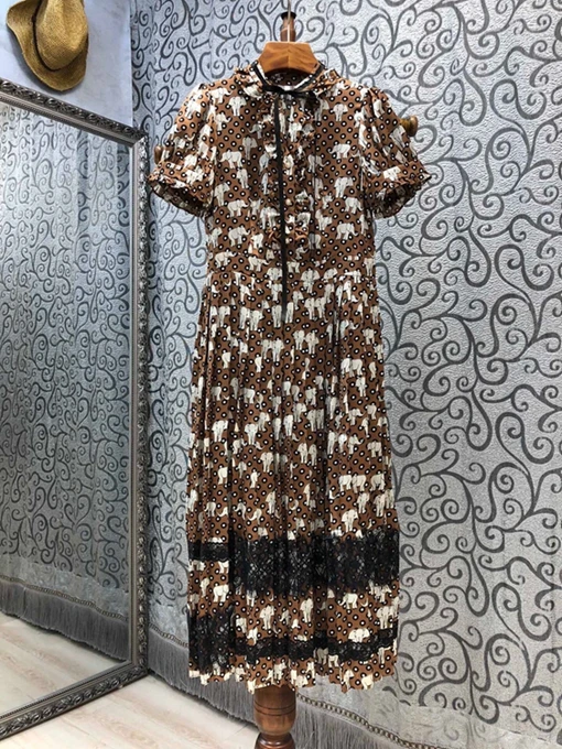 

2021 new women fashion neckline tie knotted printed hem pleated stitching short sleeve dress 430