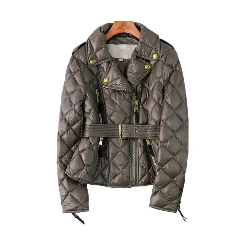 Женский теплый пуховик на молнии с отворотом и поясом F530|Женские пуховики| |