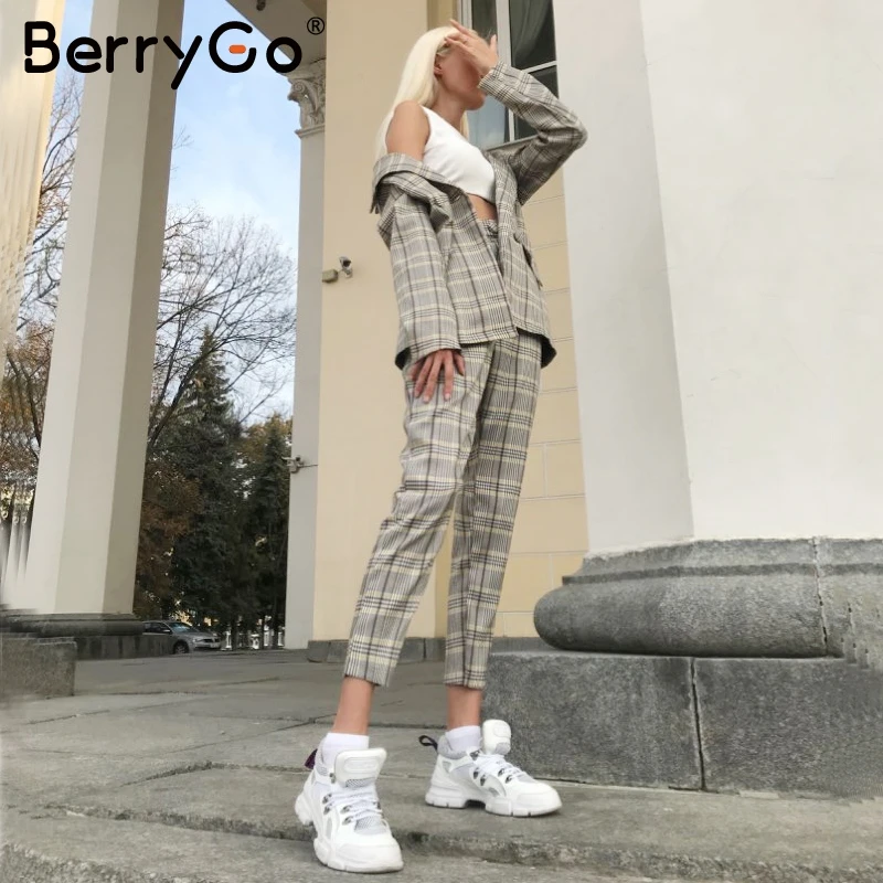 BerryGo элегантный офисный женский клетчатый Блейзер комплекты из двух предметов