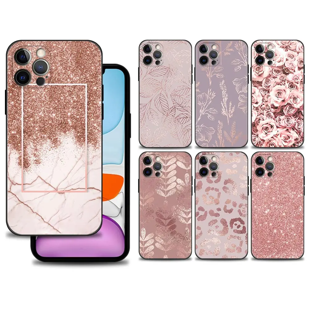 

Case For iPhone 14 13 12 Mini 11 Pro Max Cover For iPhone XR XS X 7 8 6s 6 Plus Silicone Shell Fundas Gold Pink RoGlitter Hearts