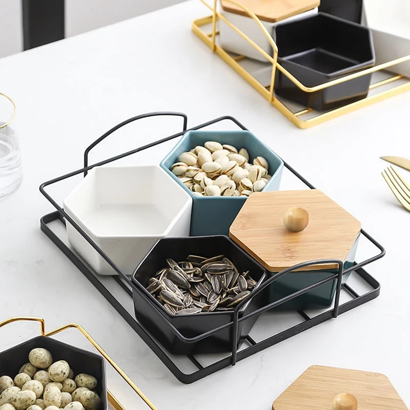 

4 Grid Ceramic Candy Dish Set with Iron Tray Nordic Snack Fruit Plate Party Food Server Display Set Gridded Serving Tray