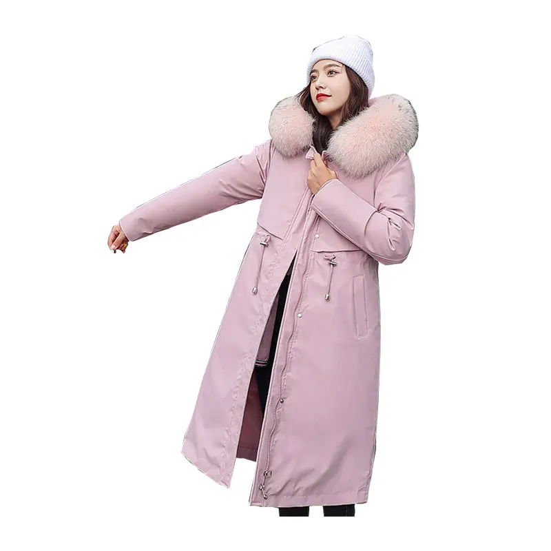 

Women's X-Long Winter Large Pocket Hooded Windproof Down Jacket with Fur Collar Oversized Cotton Padded Coat