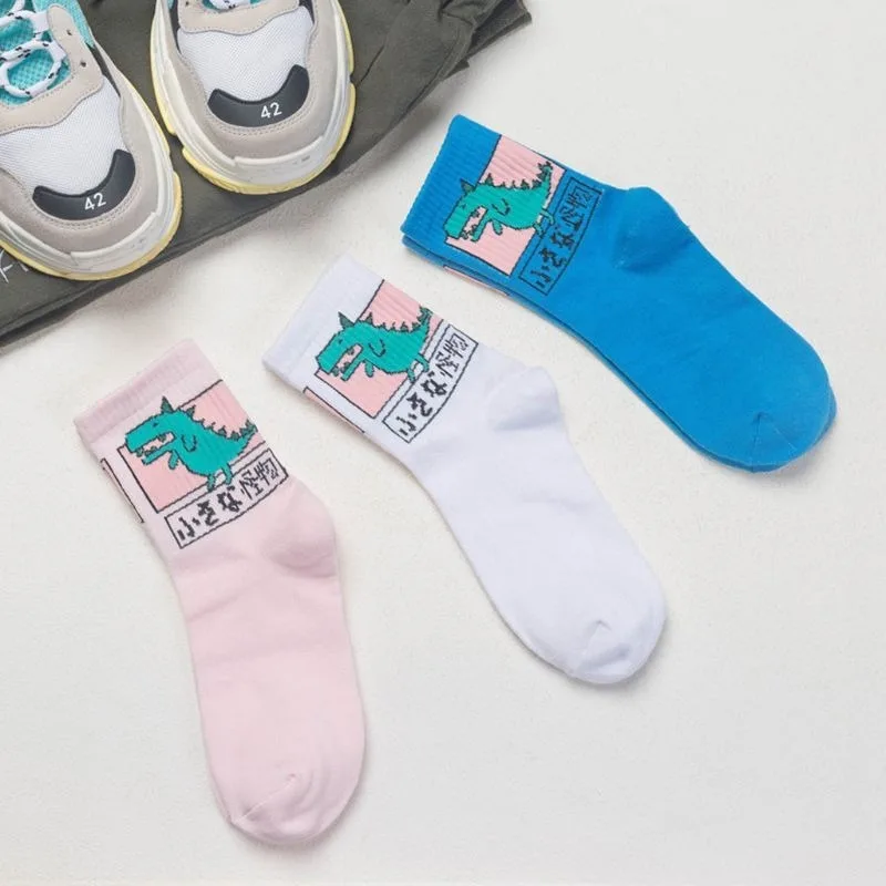 

Fashion Women Girls Hip Hop Long Cotton Socks Funny Cartoon Dinosaur Japanese Characters High Quality