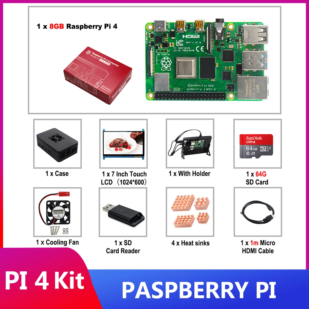 Günstig ITINIT R115 Raspberry Pi 4 Modell B Kit + 64GB SD Karte + Reader + Fall + 7 Zoll HDMI Bildschirm Mit Halter Für Raspberry Pi 4B