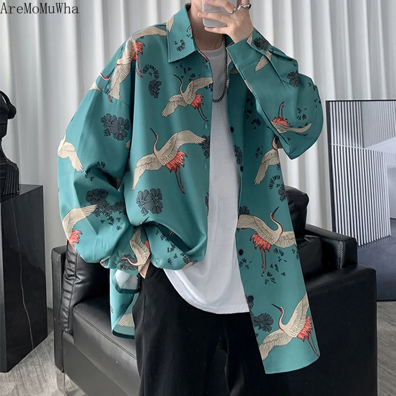 

Autumn Shirt Men's Long-Sleeved Loose Crane Shirt Korean Version Fashion Design Sense Handsome Coat Mens Shirts Retro Clothes