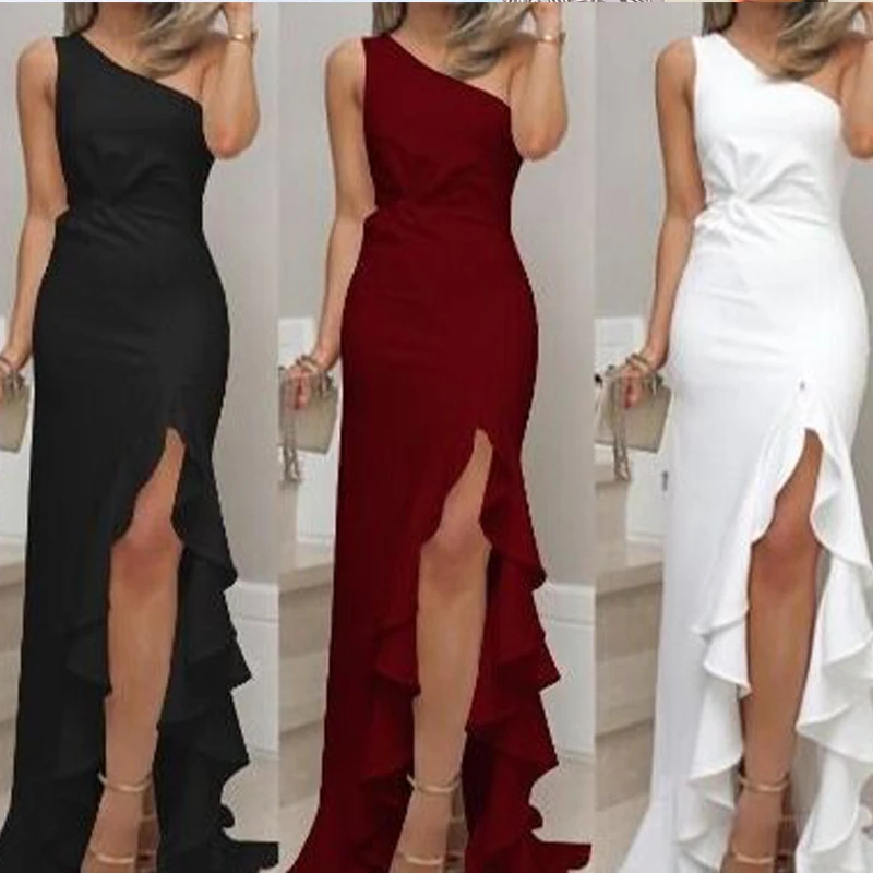 

2021 Summer New Women's Oblique Shoulder Folds Waist Ruffled Large Swing High Slit Mopping Floor Dress Banquet Evening Dress