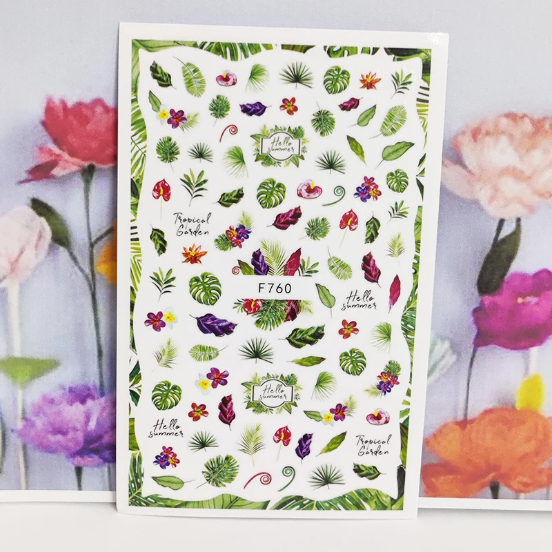 

3D наклейки для ногтей, летние зеленые листья, трава, дизайн, модные маникюрные наклейки, аксессуары, милое украшение