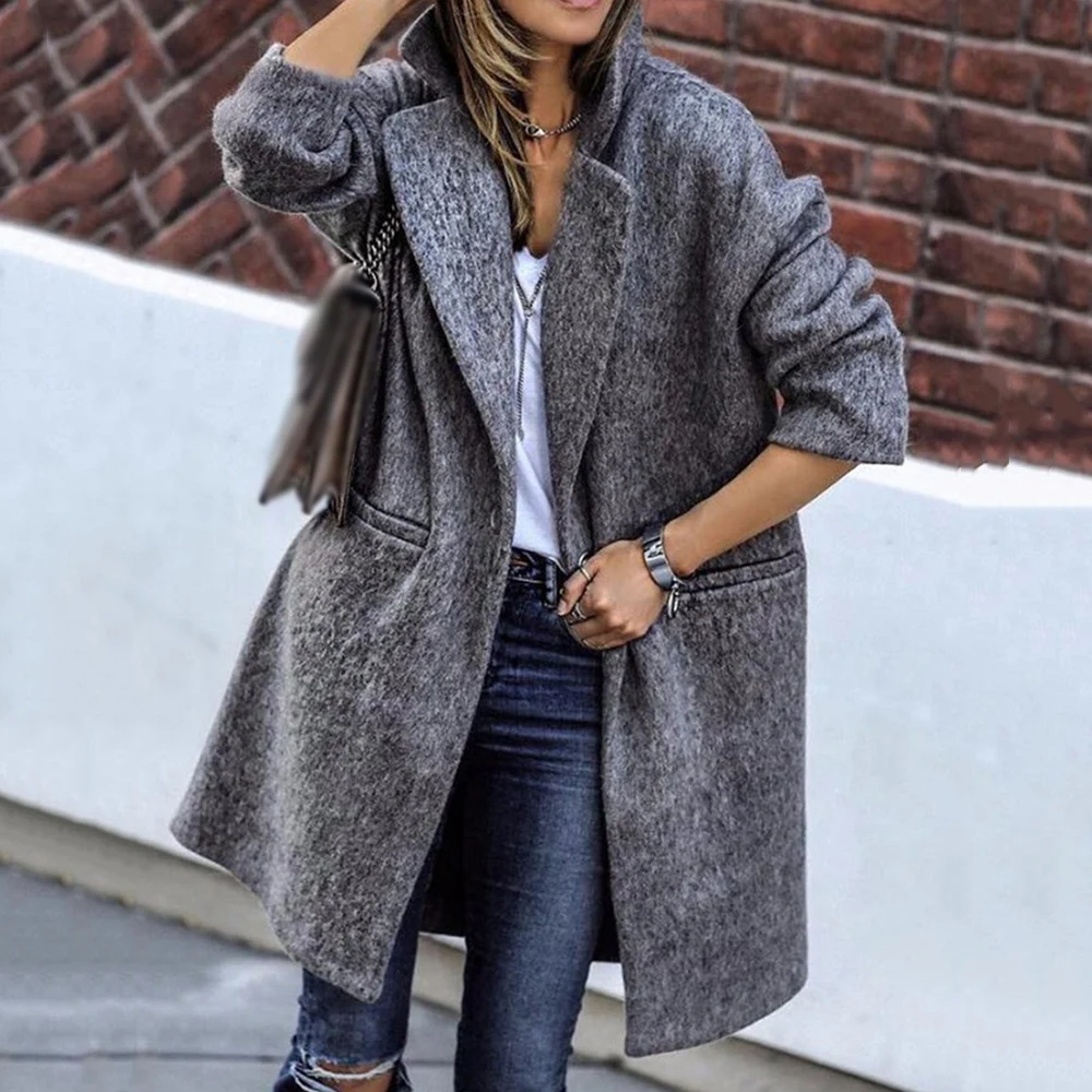 

Женское шерстяное пальто, однотонное винтажное плотное пальто на одной пуговице в минималистском стиле, Повседневная Уличная одежда для ос...