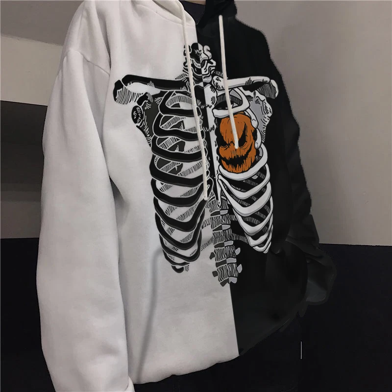 

Grunge women sweetshirts Pumpkin Skull Print y2k Oversized hoodie Female winter Gothic Punk Black White Splicing cotton Pullover