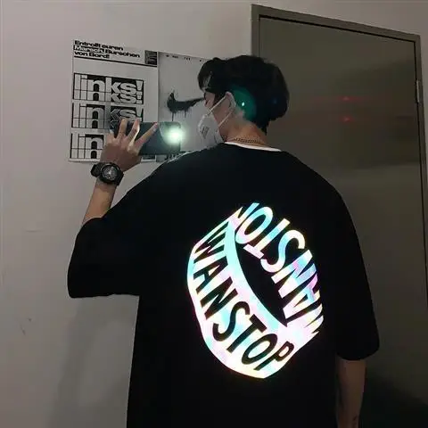 

INS Hot Summer Unisex Reflective Big Letter Print Short Sleeve Cotton T Shirt Men Wome harajuku Loose shirt Couple Clothing