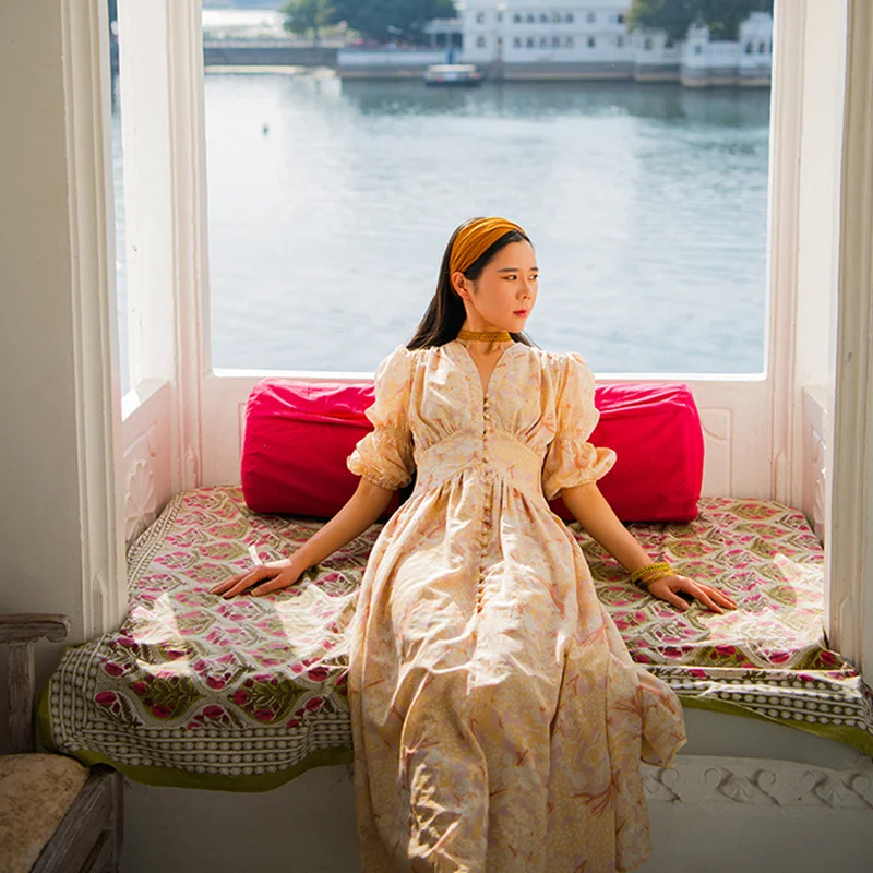 2020 Spring Autumn Women Vintage Floral Blue/Yellow Long Ladies Victorian Retro Court V-Neck Formal Casual Maxi Dress Robe | Женская