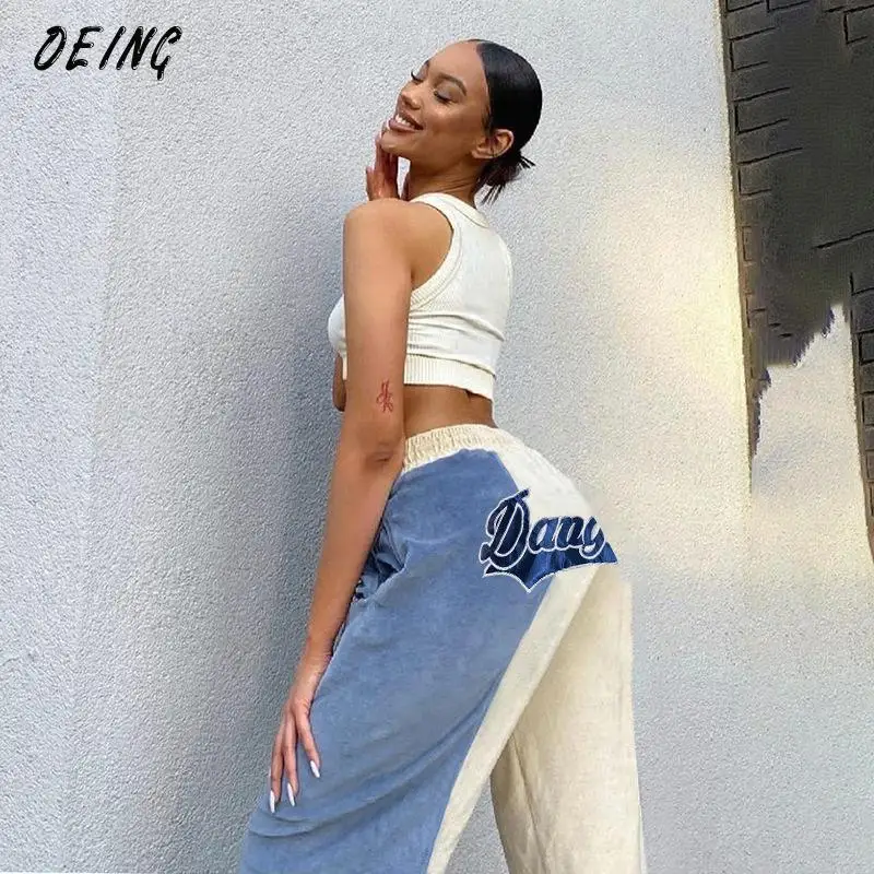 

OEING Embroidered High Waist Flare Pants Women Casual Pants Autumn 2021 Fleece Patch Pants Letter Harajuku Baggy Female Trousers