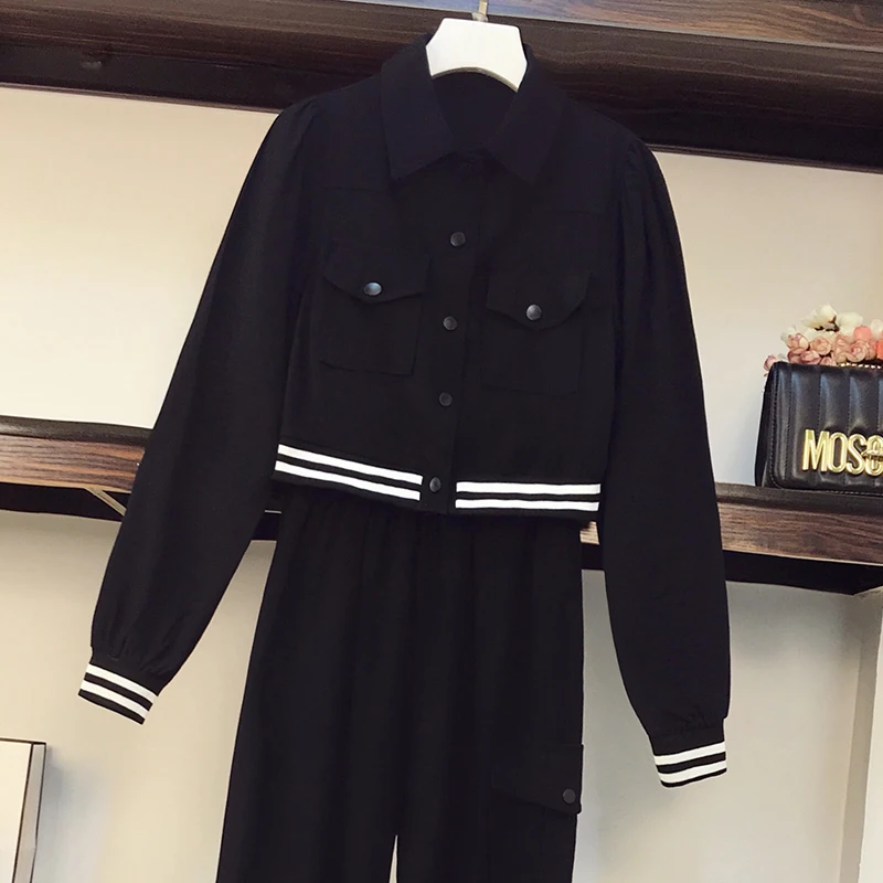 Plus Size 4XL Women High Street Suit Black Clothing Tracksuit Jacket Coat Crop Top And Pant Two Piece Set 2021 Winter Outfits |