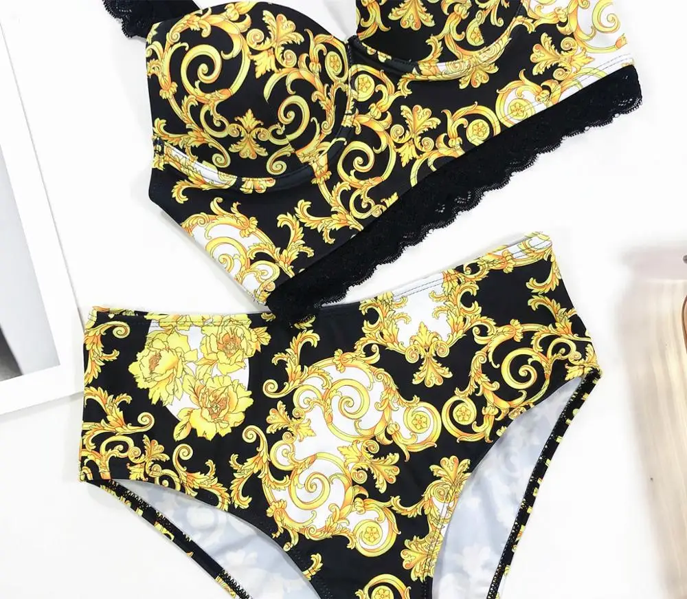 

Retro Print Removable Lace Shoulder Straps Bikini Push Up Bikini Set High Waist Swimsuit 2020 Swimwear Women Bathing Suit