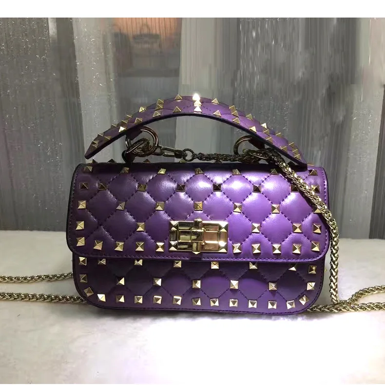 purple Натуральная овечья кожа; женские сумки из натуральной кожи высокого качества с заклепками на цепочке Женская сумочка на плечо сумка роскошный известный бренд мужской кошелек - Цвет: purple