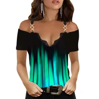 summer v neck gradient printed chain sling t shirt women boho short sleeve off shoulder top fashion slimstreet sexy clothing