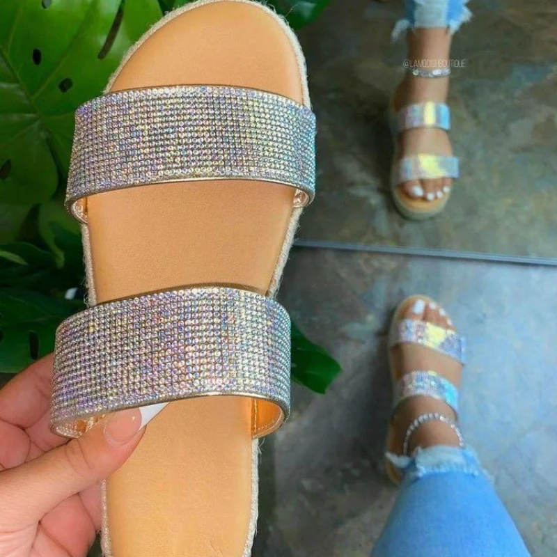 

Luxury Women Multi Crystal Slippers Hemp Platform Flat Low Heel Slip on Outdoor Slides Beach Fashion Sandals Ladies Shoes Female