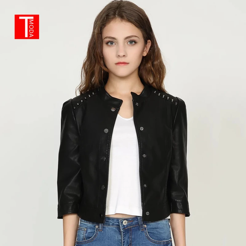 Куртка женская из искусственной кожи с заклепками на осень/зиму|Кожаные куртки| |