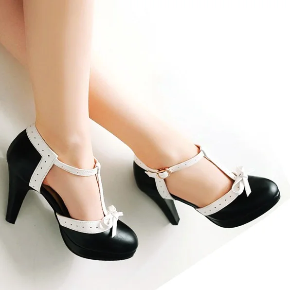 Женские босоножки на высоком каблуке EAGSITY тонком с Т образным ремешком и бантиком