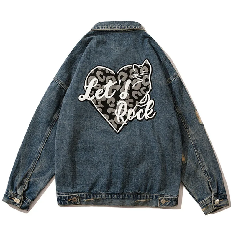 

Harajuku Streetwear Jean Jacket Leopard Heart Letters Print Hole Vintage Jean Coat Autumn Hip Hop Casual Couple Denim Jackets